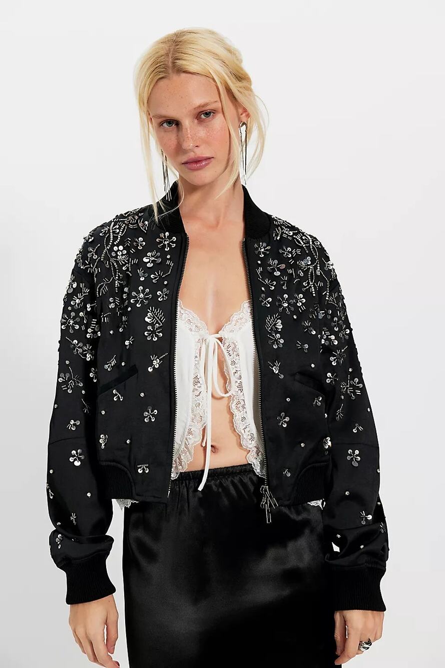 Free People Stassi Embellished satin black bomber jacket